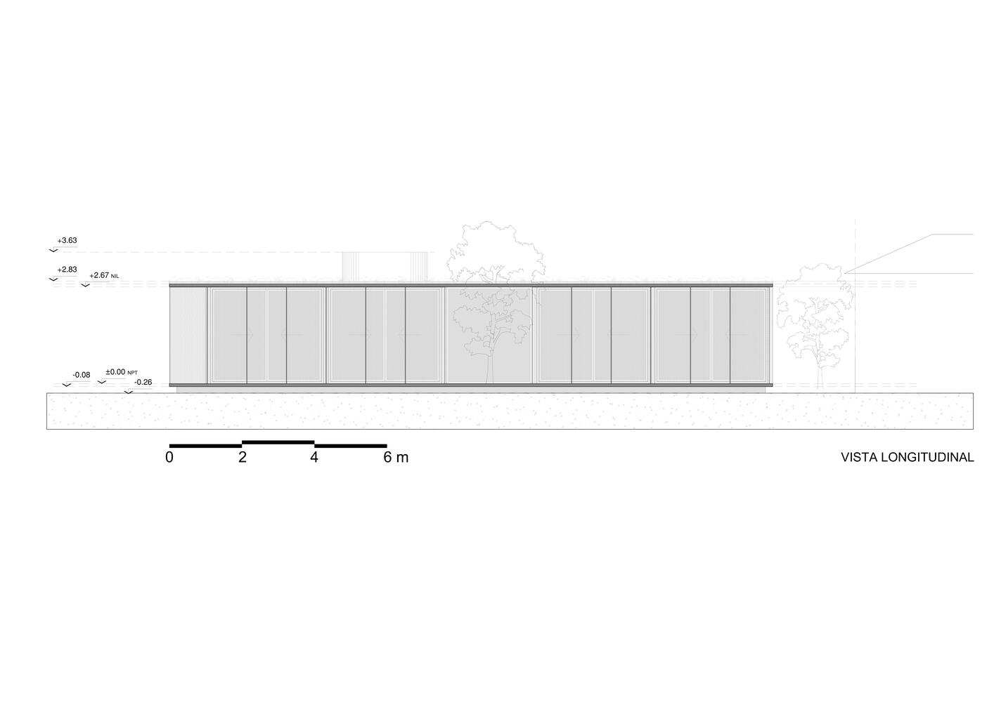 Rear elevation drawing displaying the vertical timber cladding with a centered tree cutout