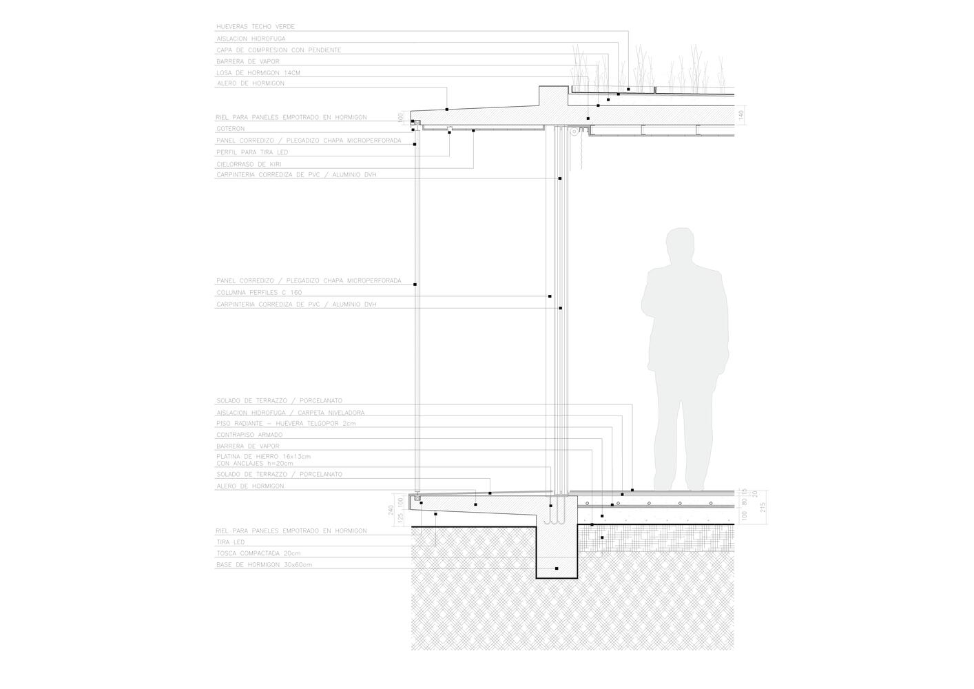 Construction detail section showing the foundation, floor slab, wall assembly and roofing with a figure for scale