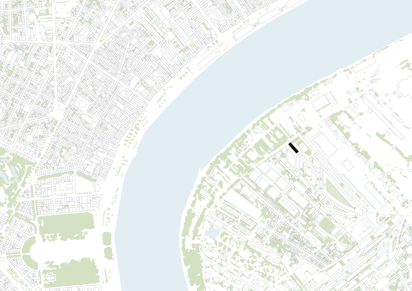 Site plan drawing showing a narrow building footprint between dense urban fabric and a curving waterfront