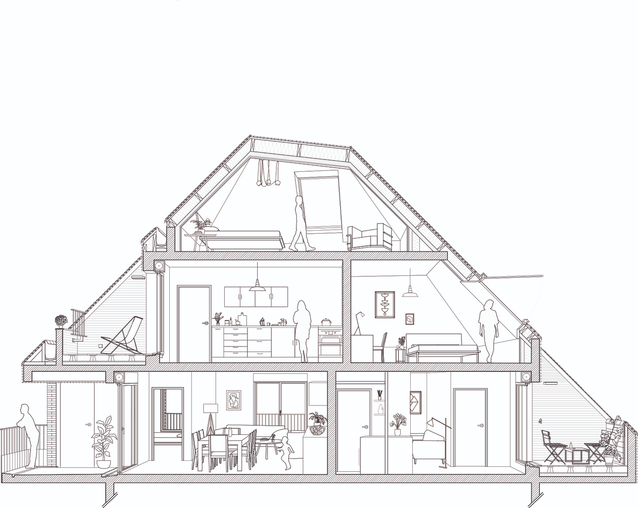 Section drawing showing multi-level interior spaces with pitched roof and figures inhabiting each floor