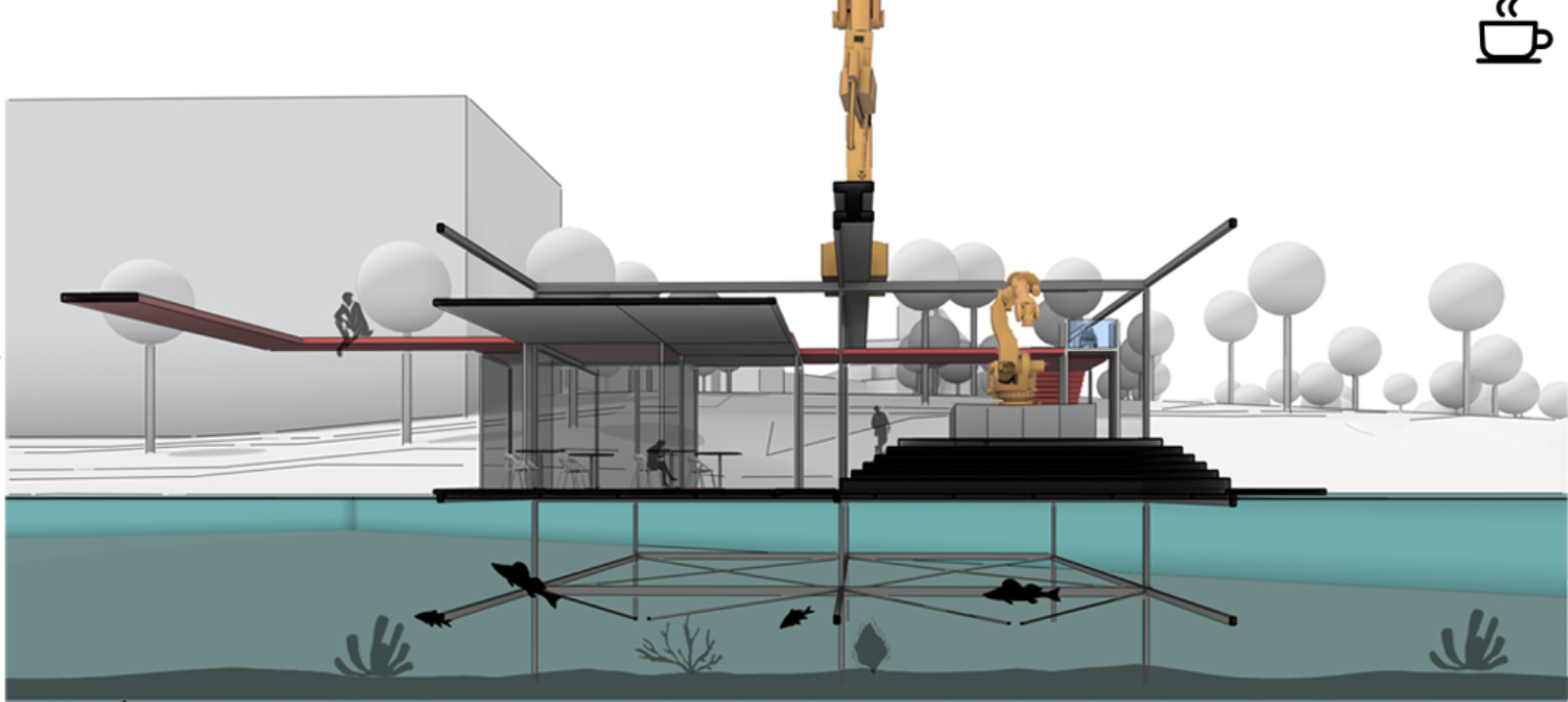 Floating Architecture: Modular structures seamlessly integrated with water.