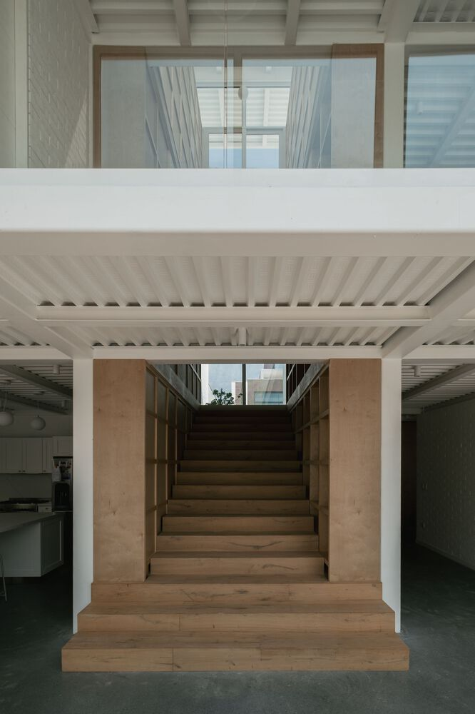 Timber staircase framed by white slatted ceiling beams leading up to a skylit opening above