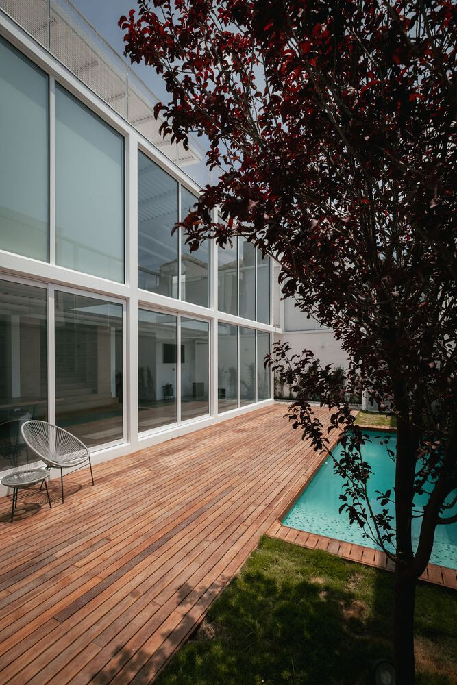 Timber deck adjacent to turquoise pool with dark-leafed tree and full-height glazed facade