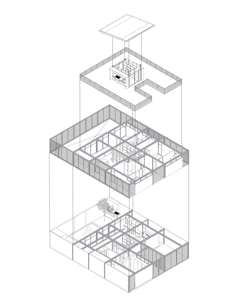 Axonometric drawing showing three stacked floor levels with courtyard voids and central circulation core