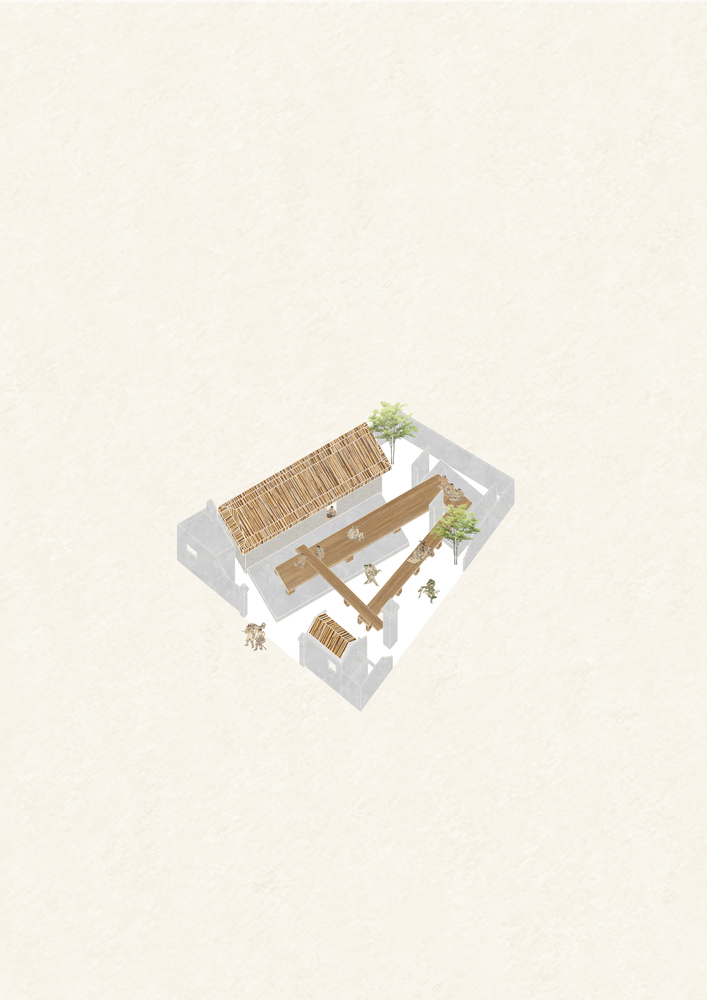 Axonometric drawing showing a courtyard building with timber roof structure and interior plantings