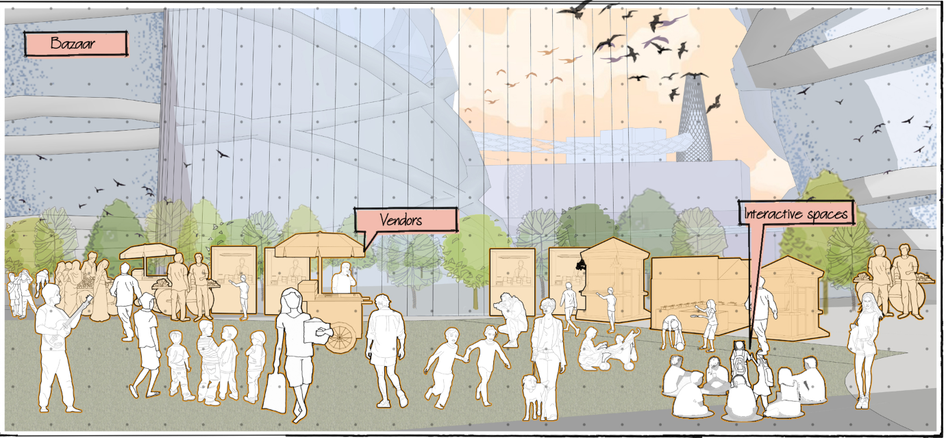 A marketplace featuring interactive spaces and vendor stalls, promoting social engagement and economic growth.