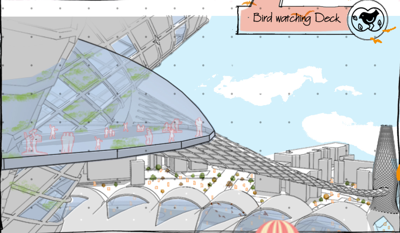 Elevated green spaces integrated with modern urban designs for an immersive bird-watching experience.