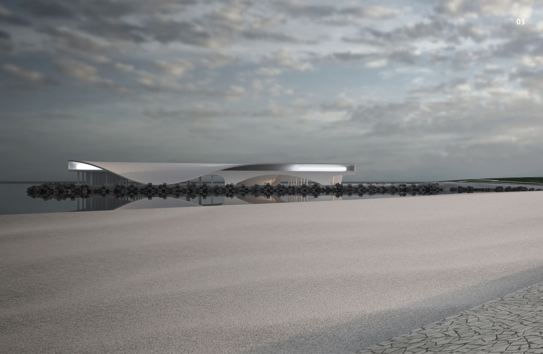 A serene waterfront view of the White Piano's iconic wave-like structure.