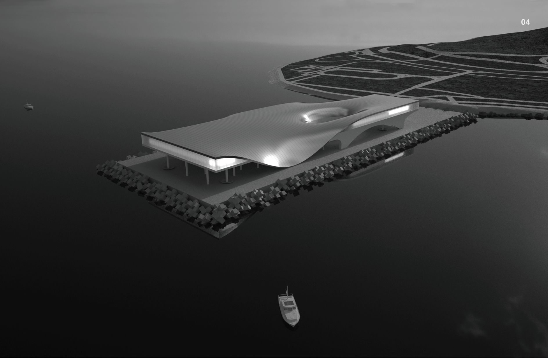 Aerial view showcasing the seamless integration of the White Piano into its natural surroundings.