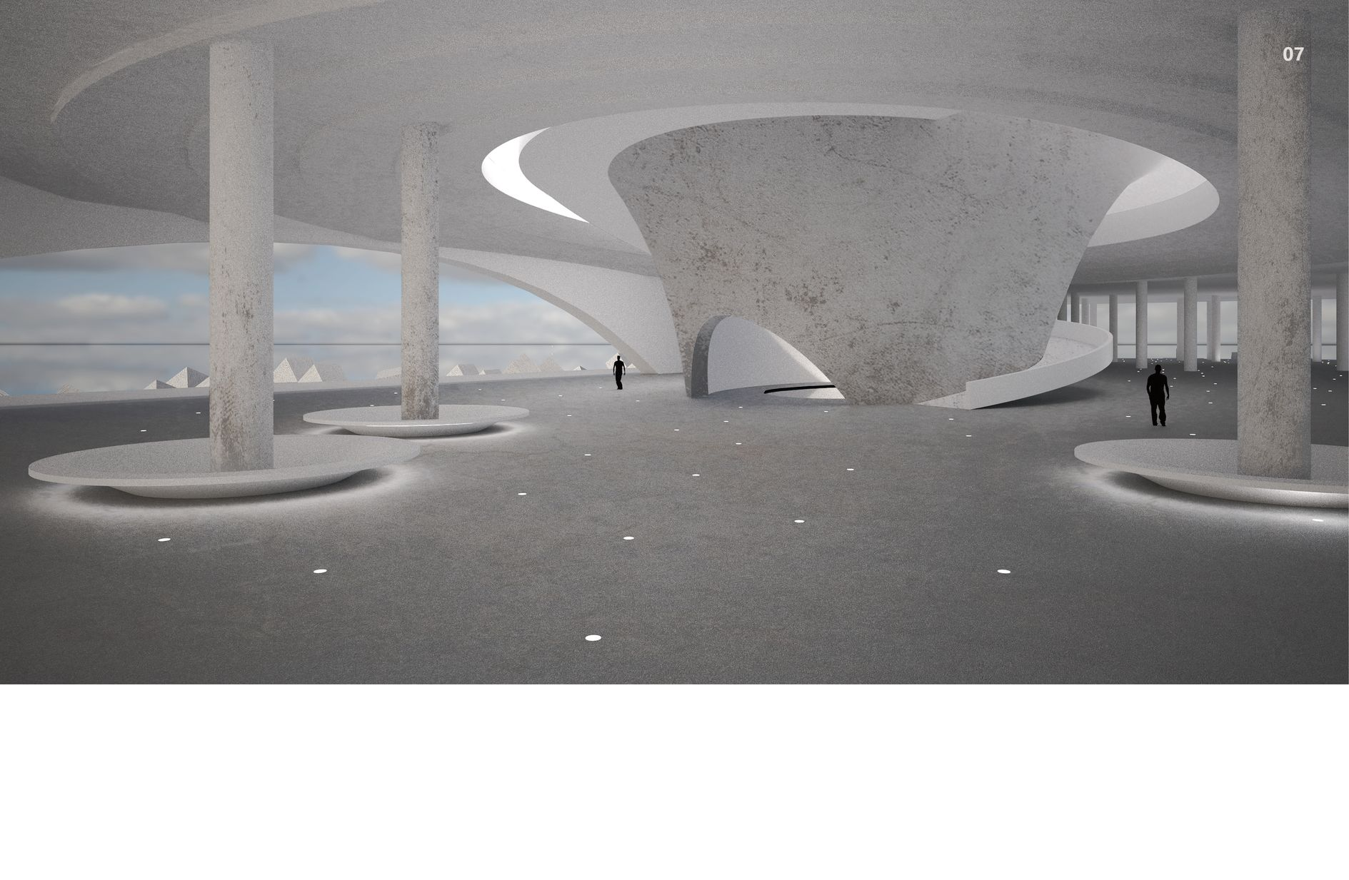 Interior shot highlighting the sculptural elegance and spaciousness of the White Piano