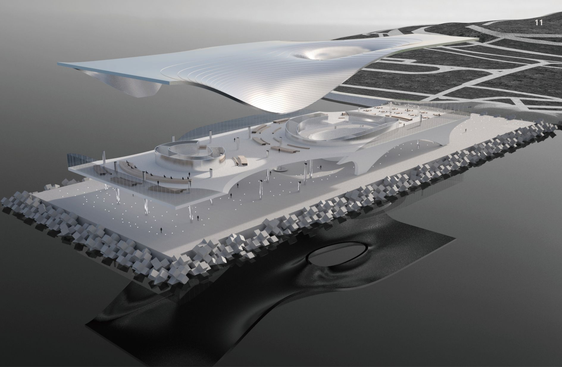 Exploded axonometric view detailing the innovative architectural layers of the White Piano.