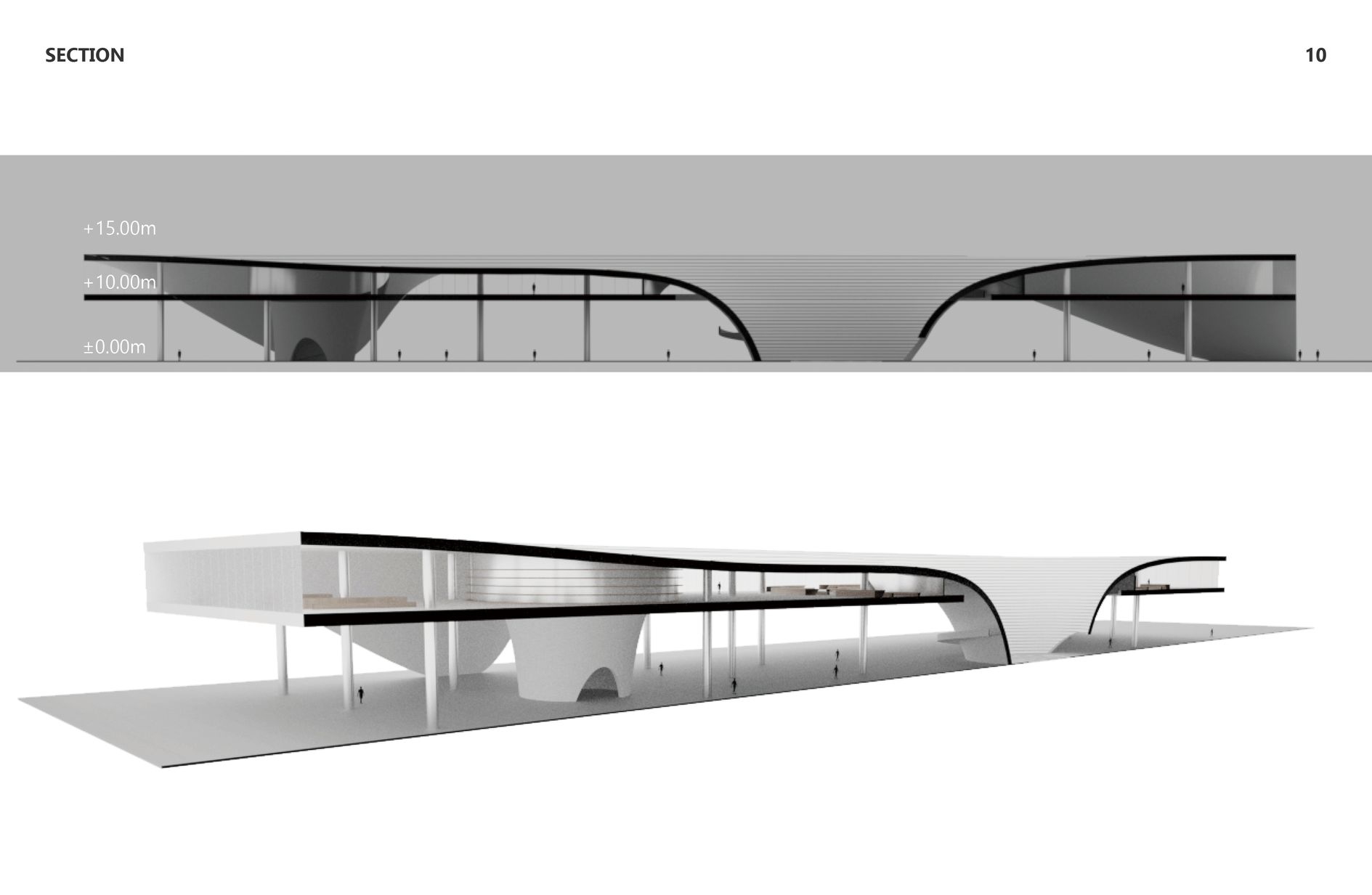 Sectional perspective revealing the open, light-filled spaces of the design.