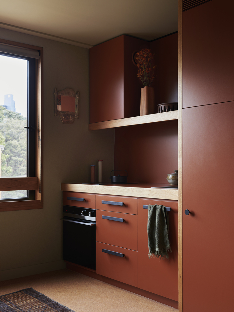 Compact kitchen with terracotta cabinetry, open timber shelves and window framing distant foliage and cityscape
