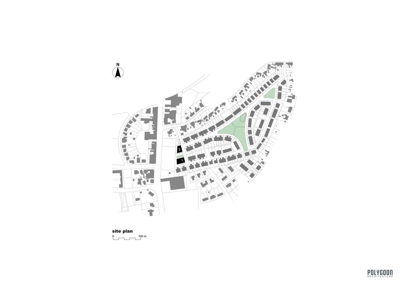 Site plan drawing showing a curving residential development with green park space and surrounding street grid