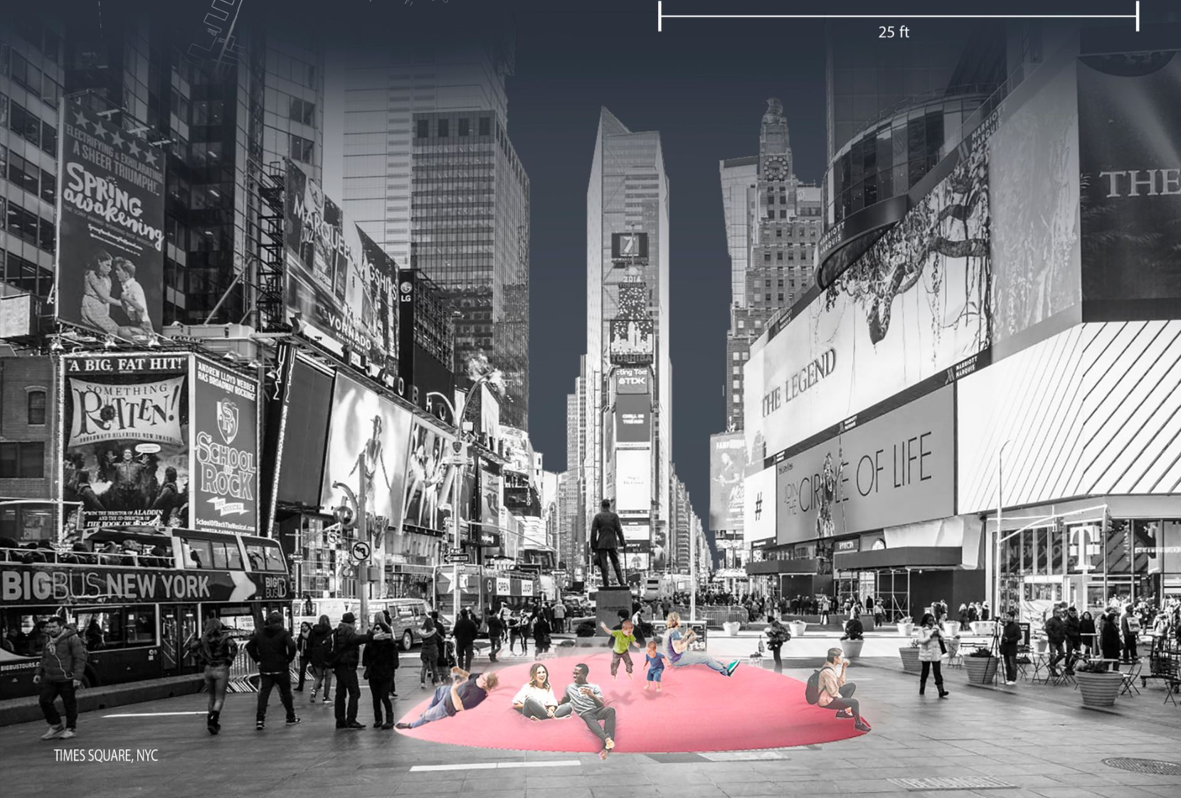 Times Square, NYC: The Mega Couch installation offers a soft, interactive space for relaxation amidst the bustling urban environment.