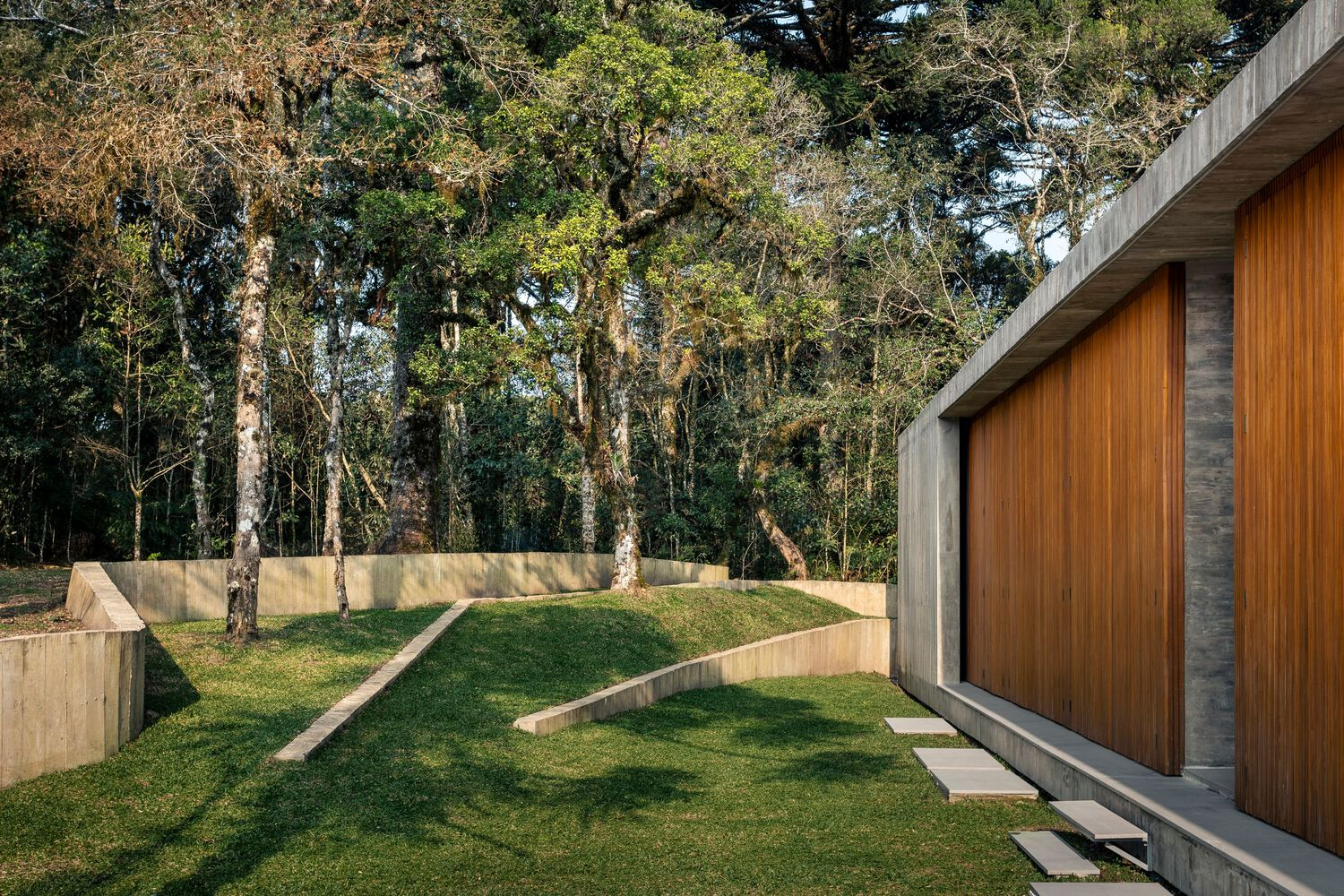 Tiered grass lawn retained by concrete walls leading to timber and concrete facade in afternoon light