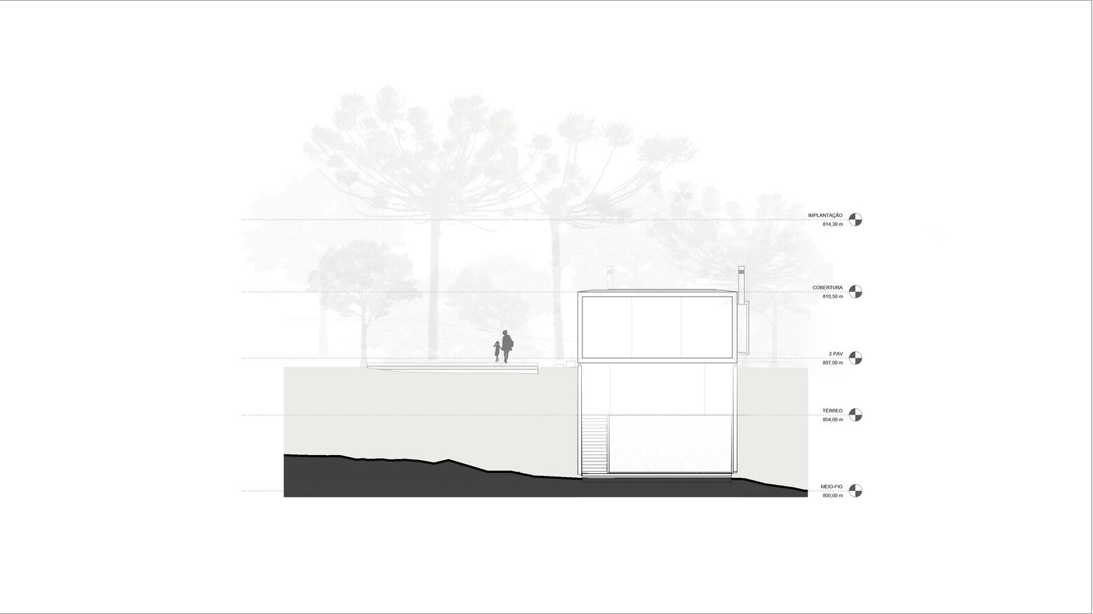 Section drawing showing a multi-level structure set into sloping terrain with surrounding trees