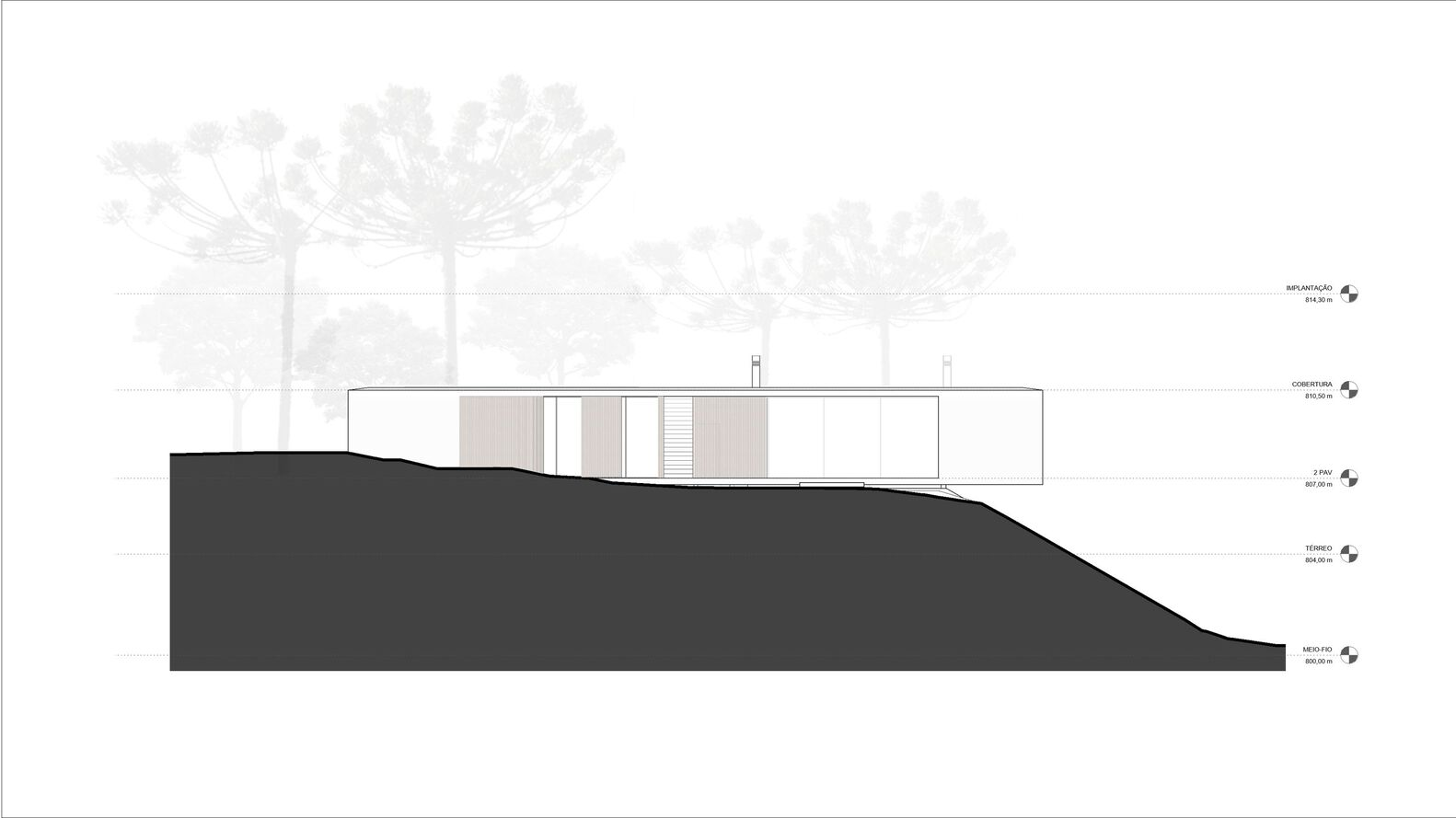 Elevation drawing of a horizontal volume on a steep hillside with tree silhouettes overhead