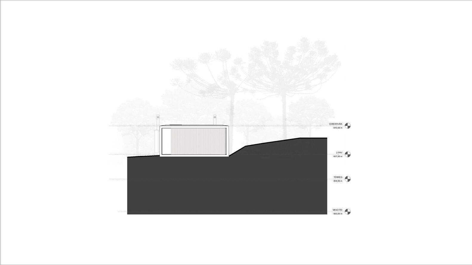 Section drawing depicting a compact volume nestled into rising topography beneath trees