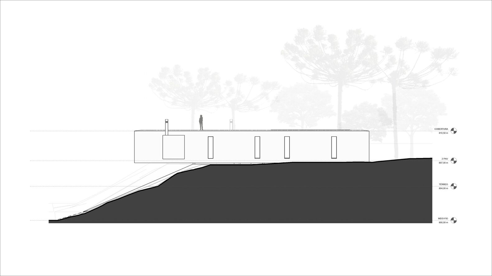 Elevation drawing showing a long horizontal structure on an incline with repeating window openings