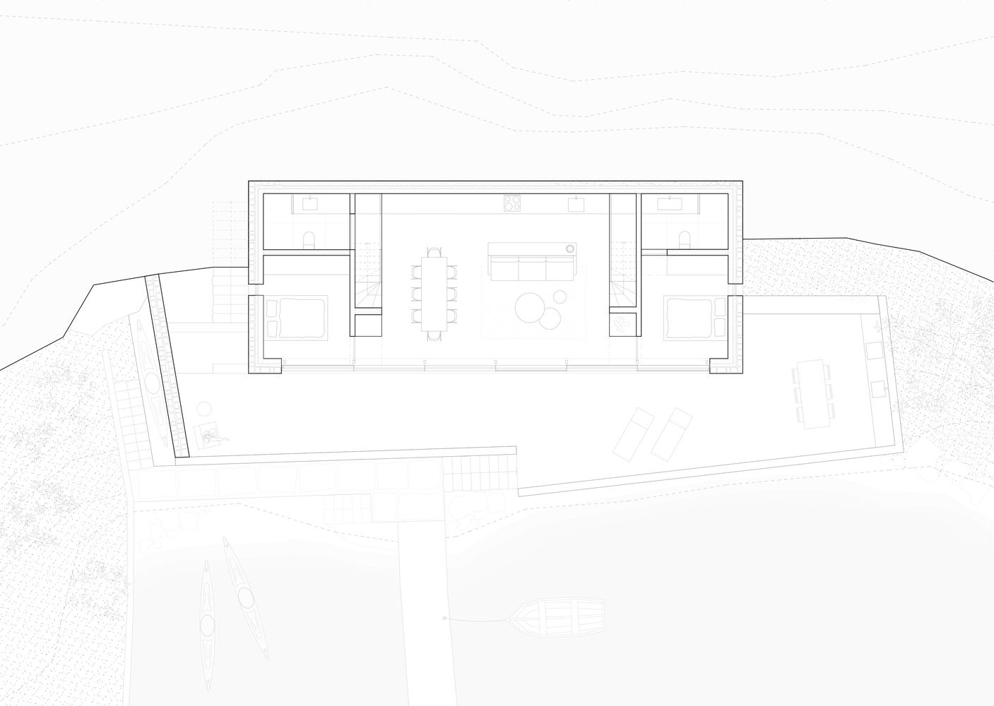 Floor plan drawing showing linear arrangement of rooms with central dining and living space
