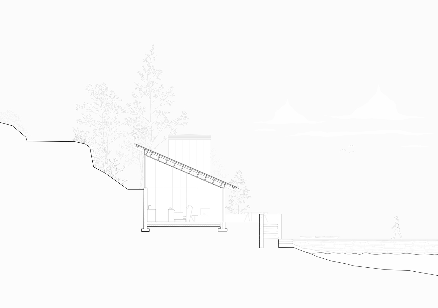 Section drawing showing a single-pitch roof structure nestled into a sloping hillside with trees