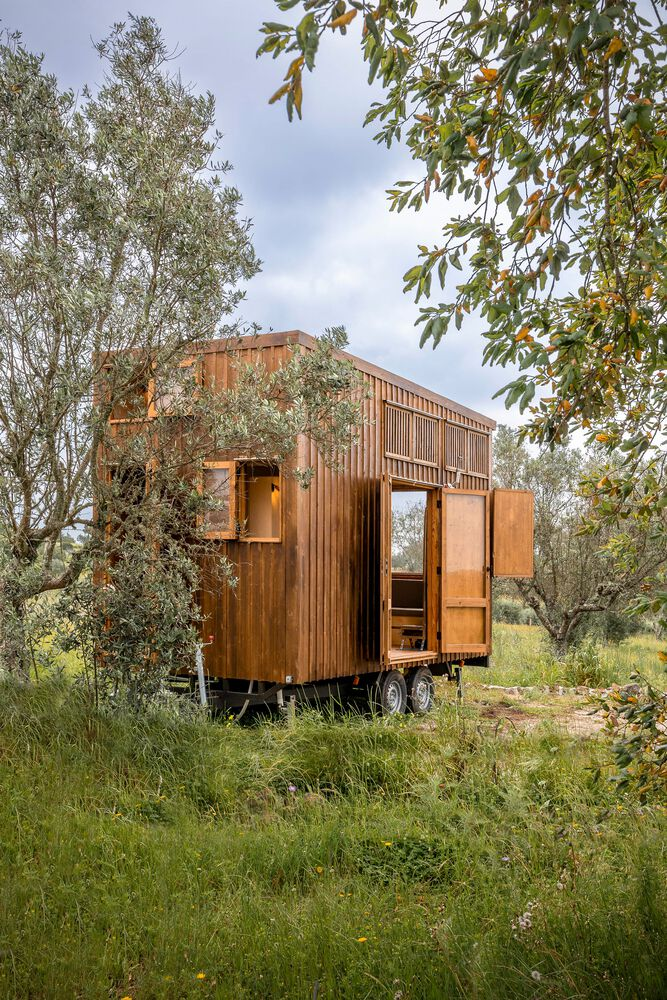 Timber-clad mobile cabin on a trailer chassis surrounded by olive trees and tall grass