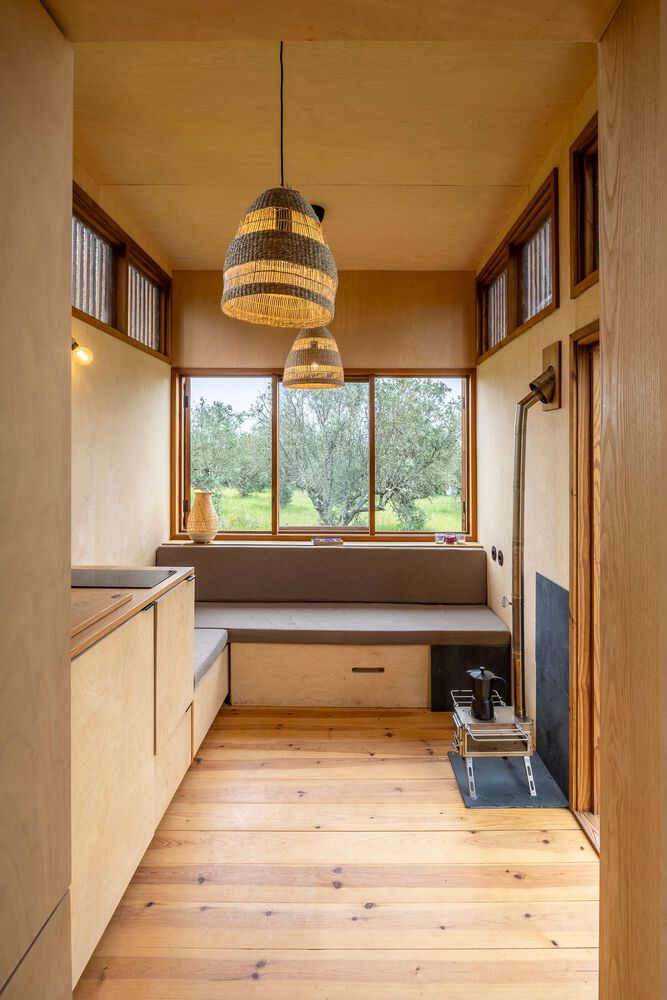 Interior view showing plywood cabinetry and built-in seating beneath high clerestory windows overlooking olive trees