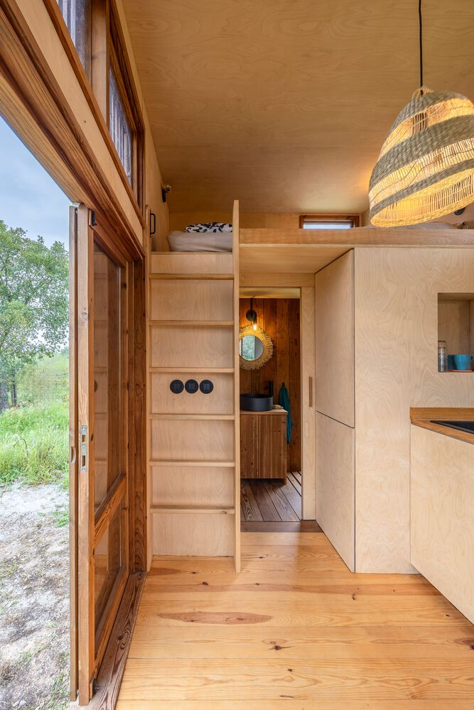 Interior showing plywood ladder ascending to sleeping loft with woven pendant light and floor-to-ceiling glazing
