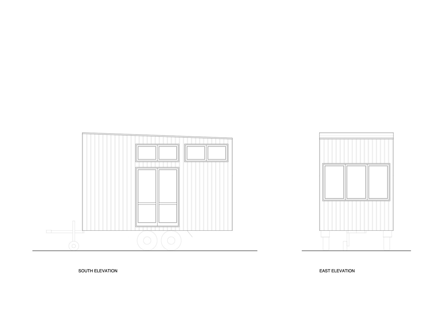 Elevation drawings showing south and east facades with vertical cladding and window placements on wheeled chassis