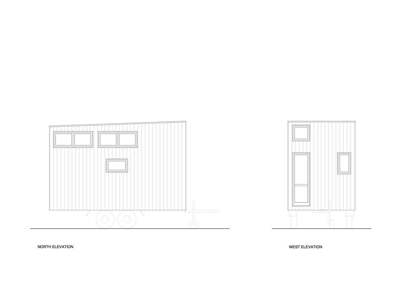 Elevation drawings showing north and west facades with varied window openings on the mobile structure