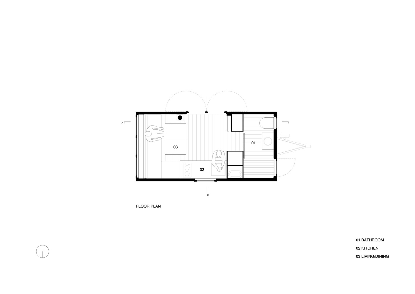 Floor plan drawing showing a compact rectangular layout with bathroom, kitchen, and living area