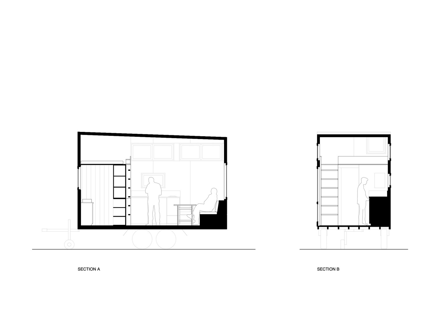 Section drawings displaying the interior spatial relationships with human figures for scale