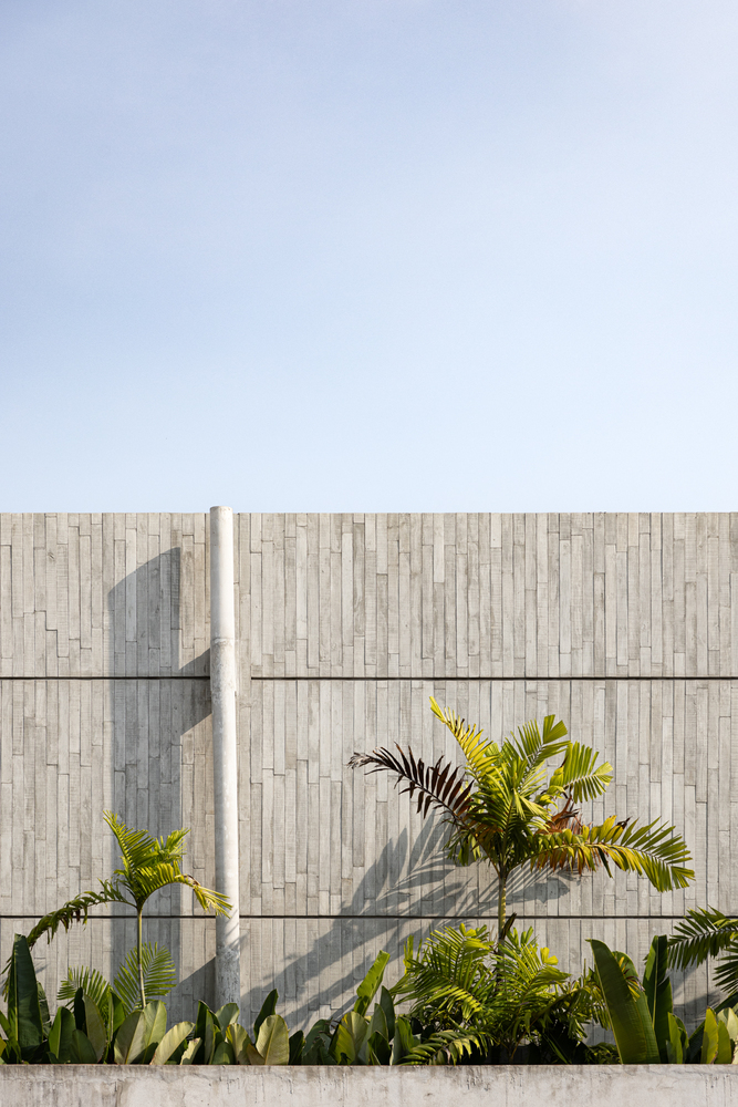 Exterior facade with staggered tile cladding and concrete base planted with palms casting afternoon shadows