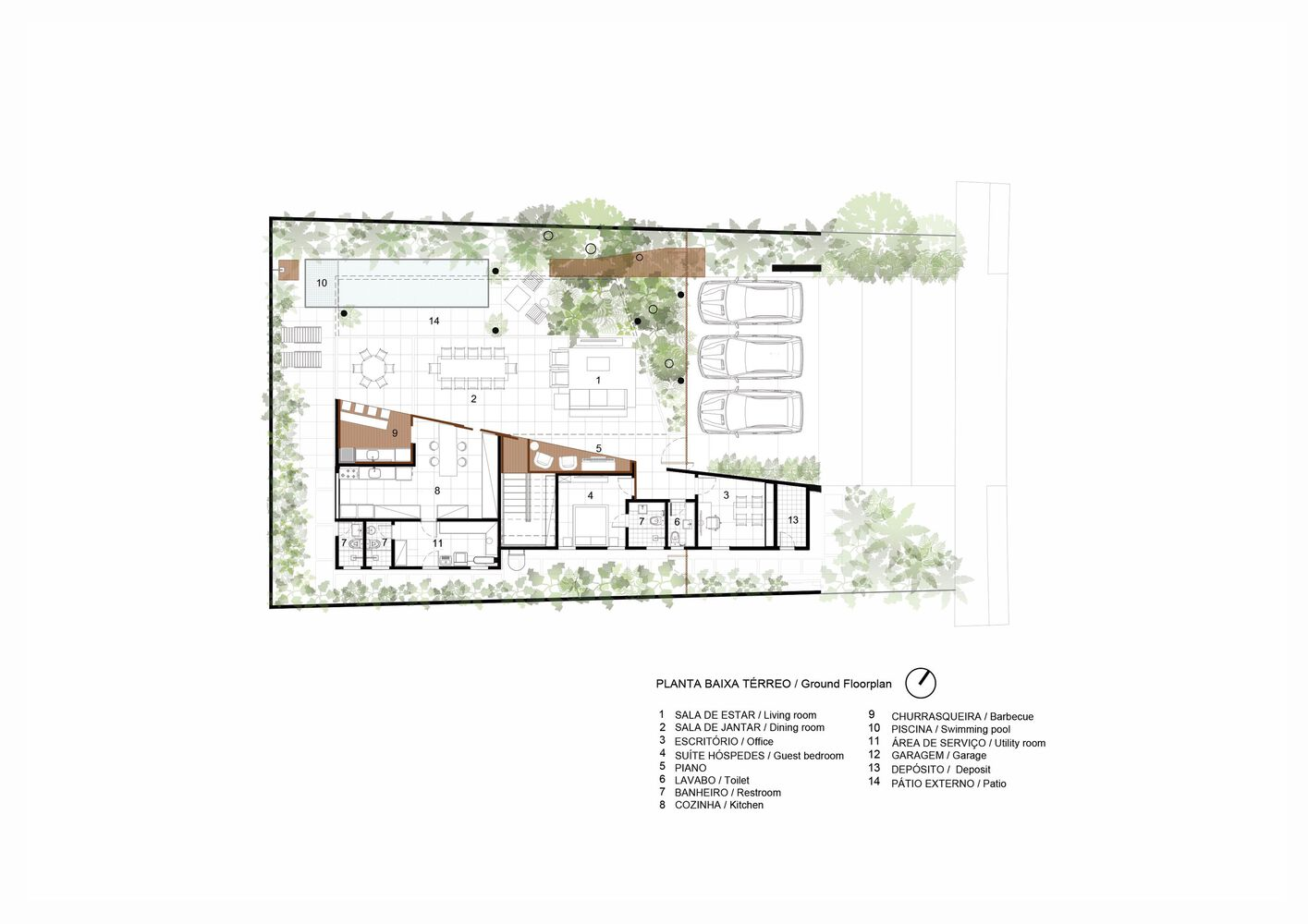 Ground floor plan drawing indicating rooms and carport with adjacent landscaped areas
