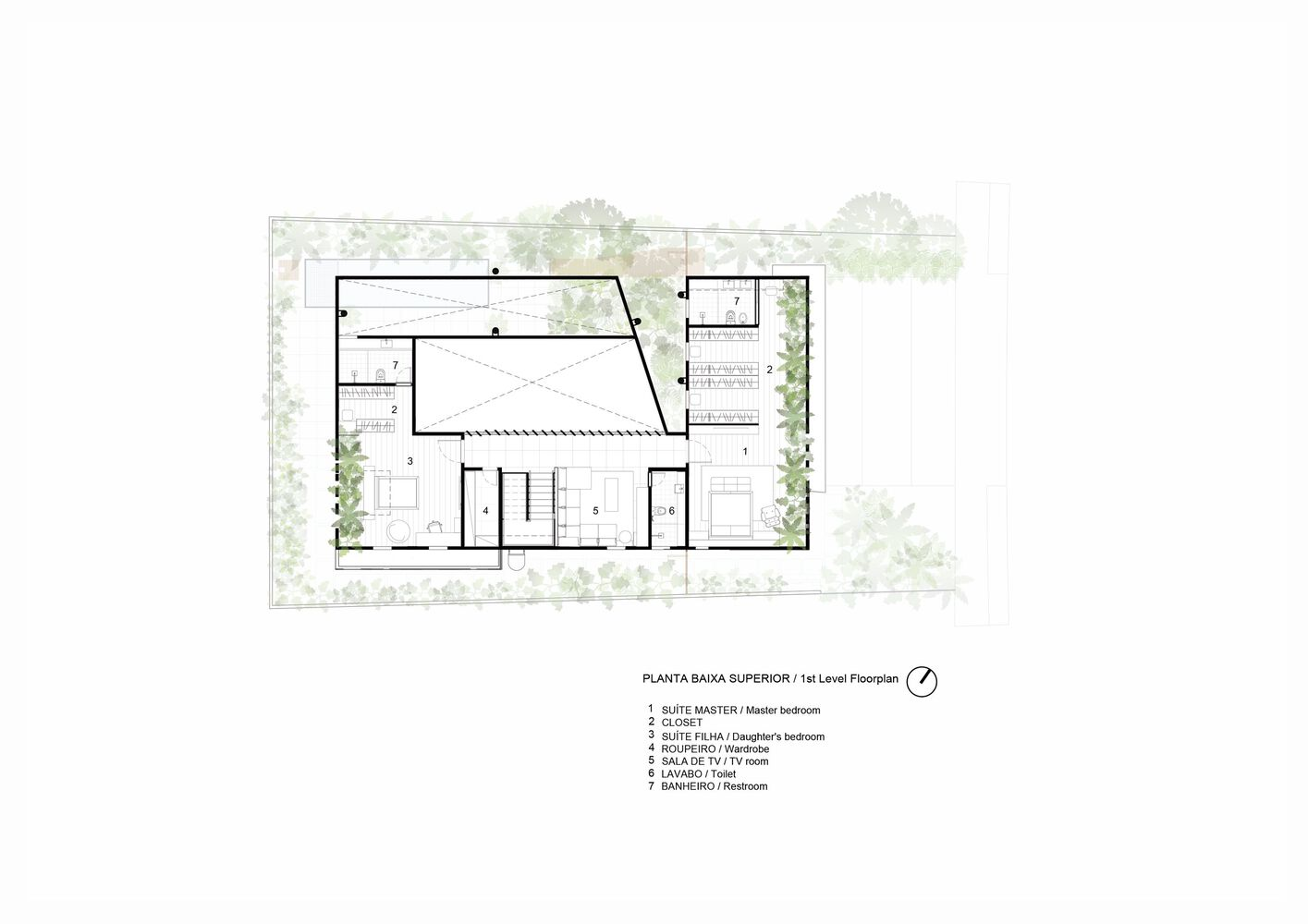 First level floor plan drawing showing bedroom suites and central staircase surrounded by perimeter planting