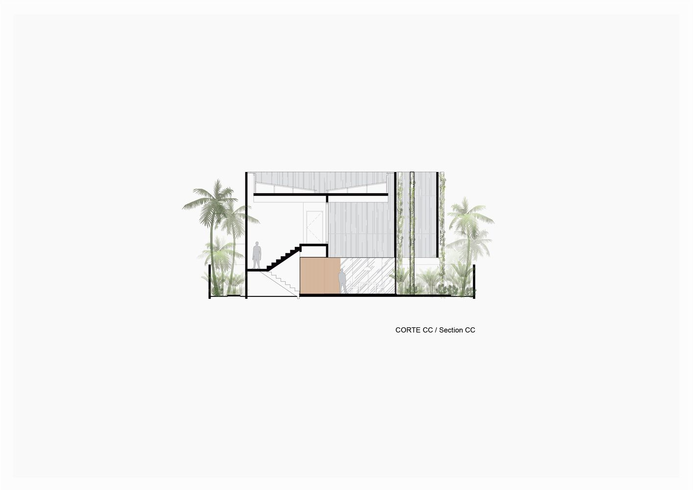 Building section drawing displaying internal staircase and split-level spaces between palm-planted courtyards