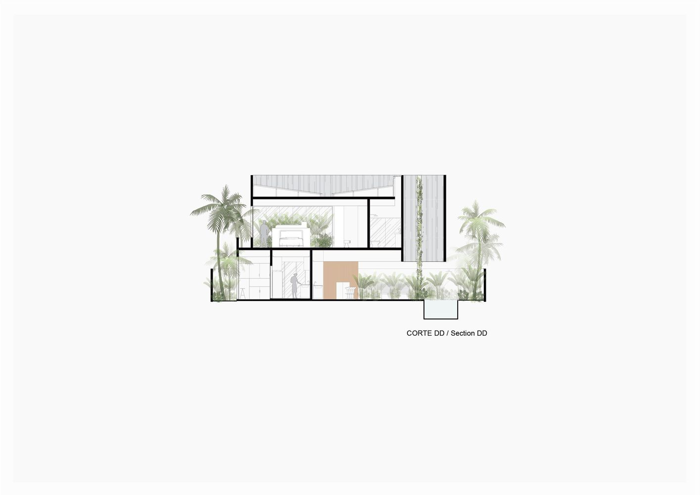 Building section drawing showing terraced interior volumes with planted courtyard and perimeter palm trees