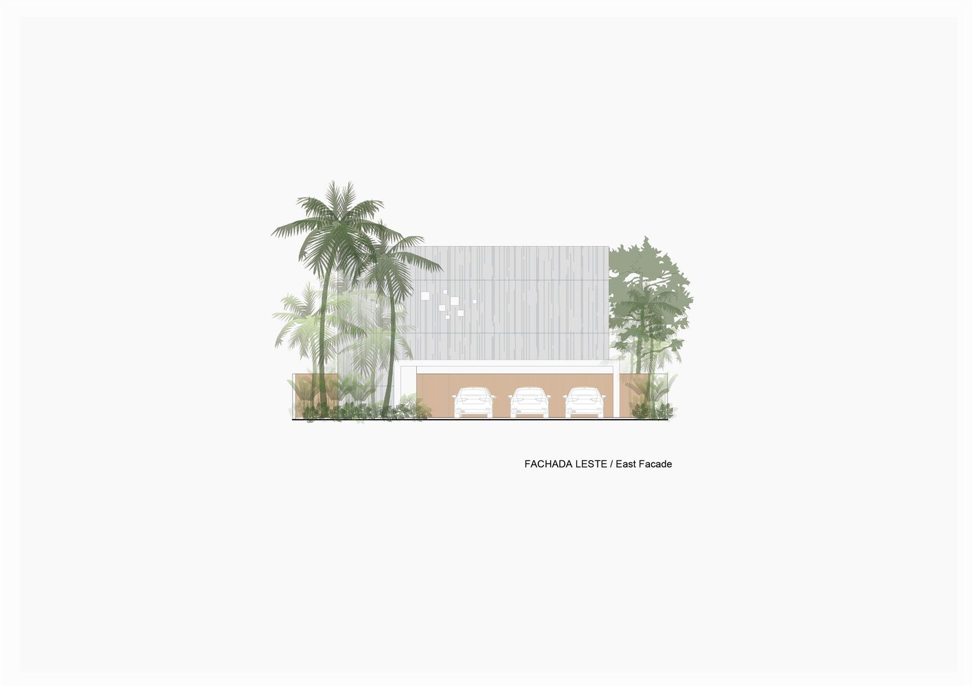 East facade elevation drawing showing two-story vertical timber cladding with ground floor openings and surrounding vegetation