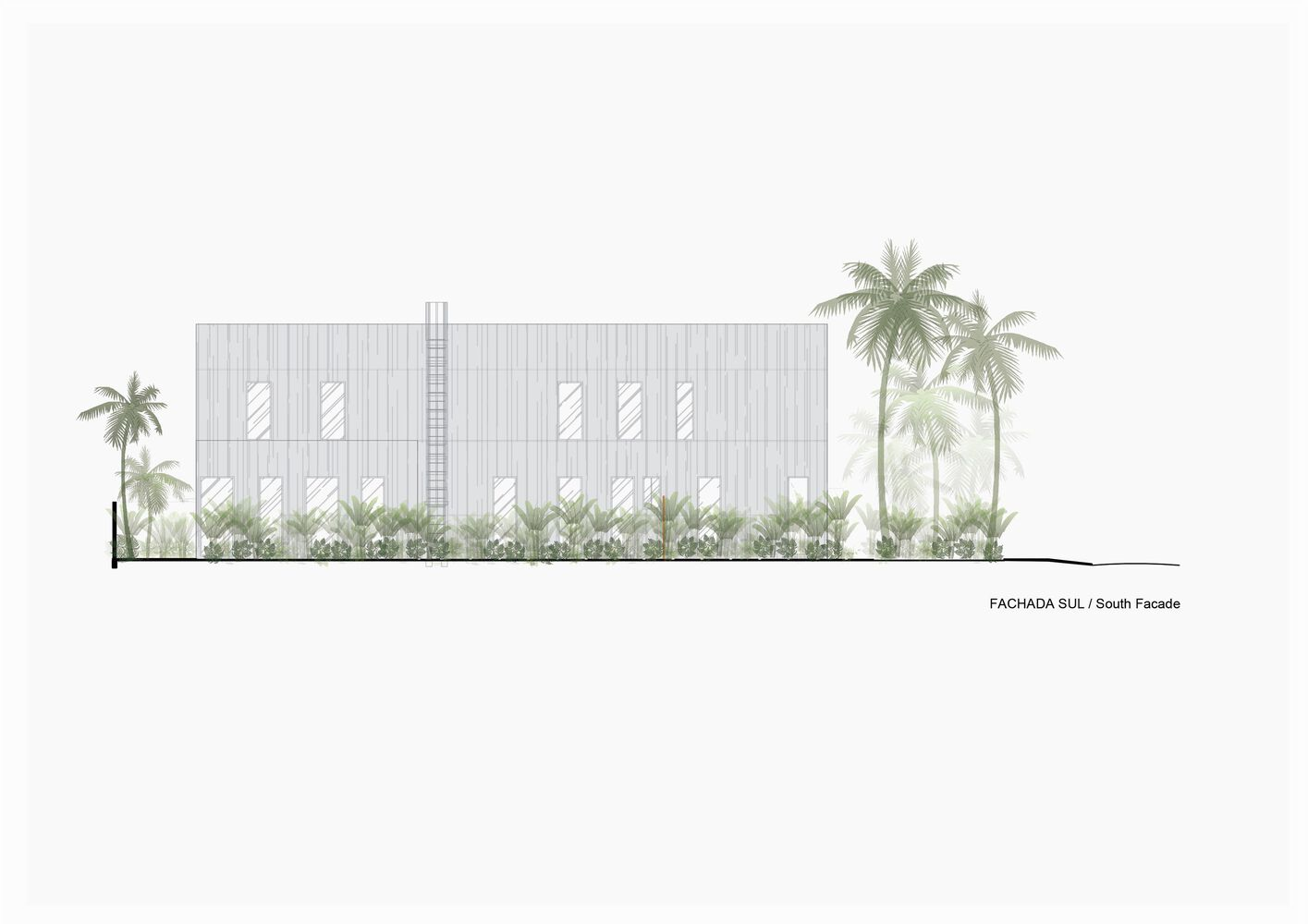 South facade elevation drawing showing a vertically slatted exterior with palm trees and landscape planting