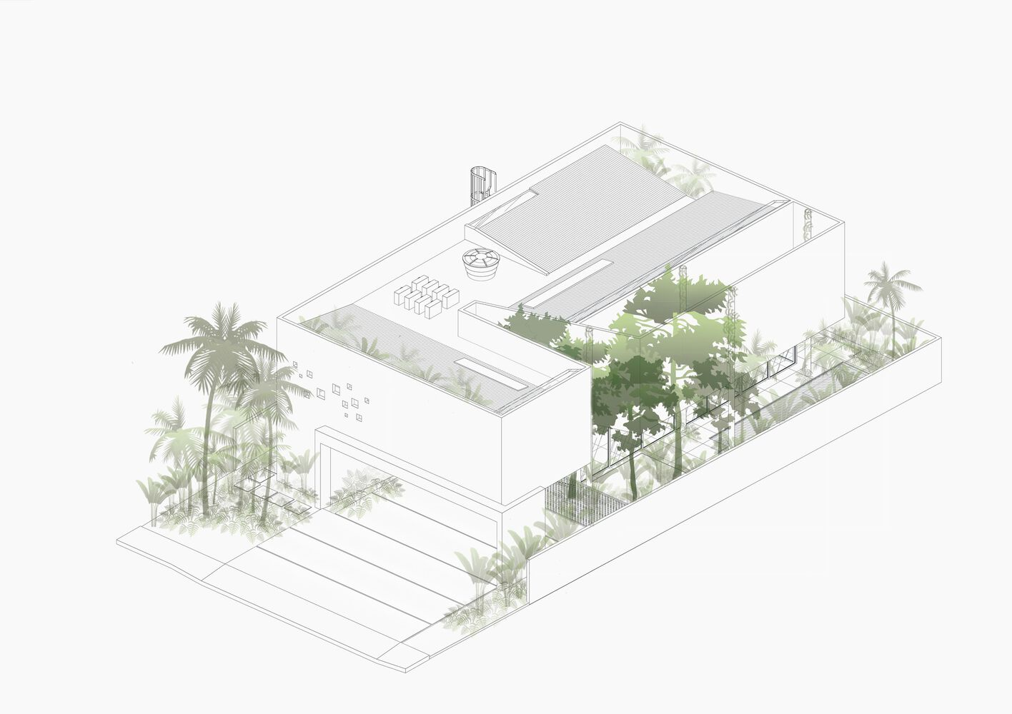 Axonometric drawing showing a two-story residence with courtyard plantings and surrounding palm trees