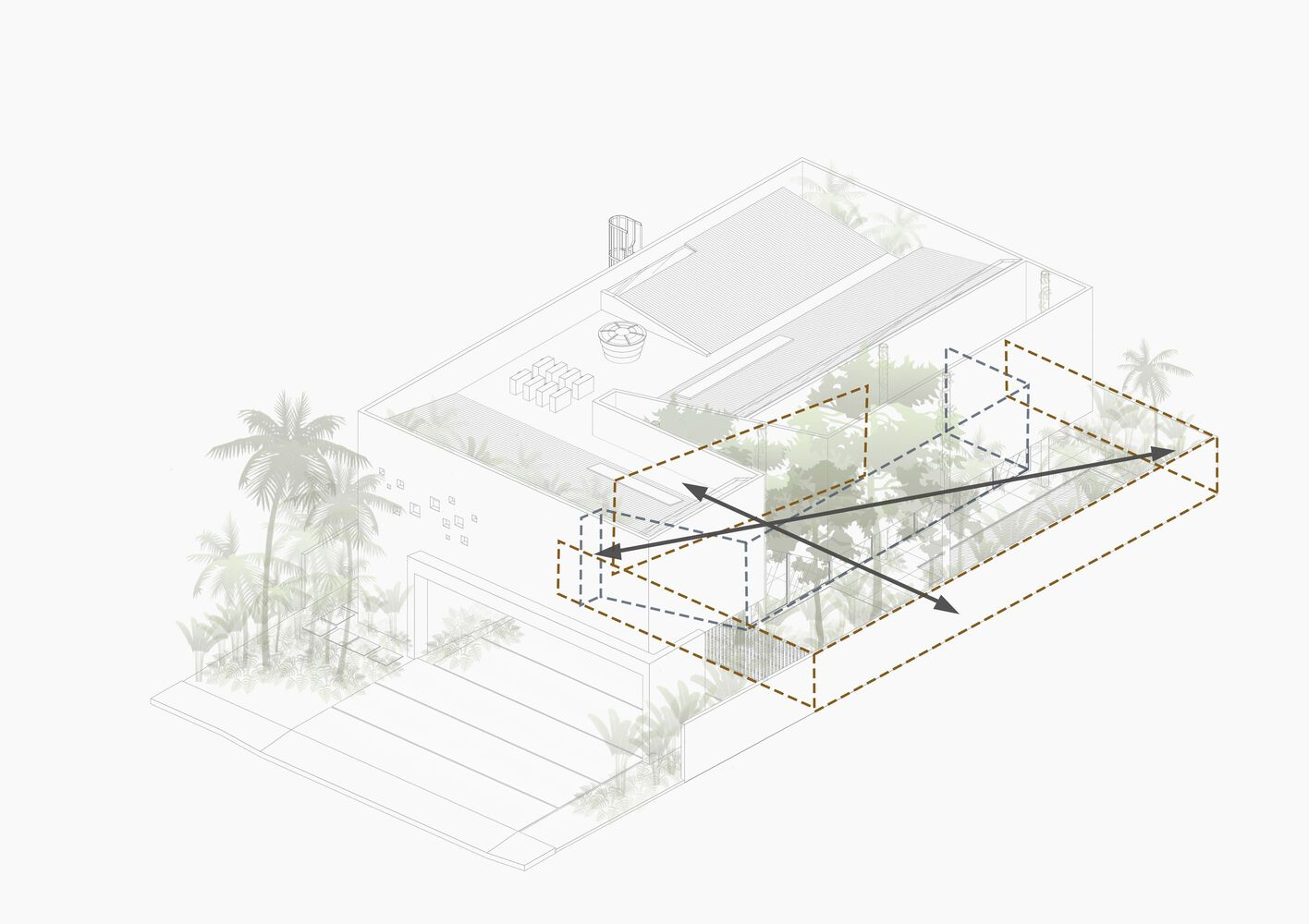 Axonometric drawing highlighting a dashed circulation path through the courtyard and upper terrace