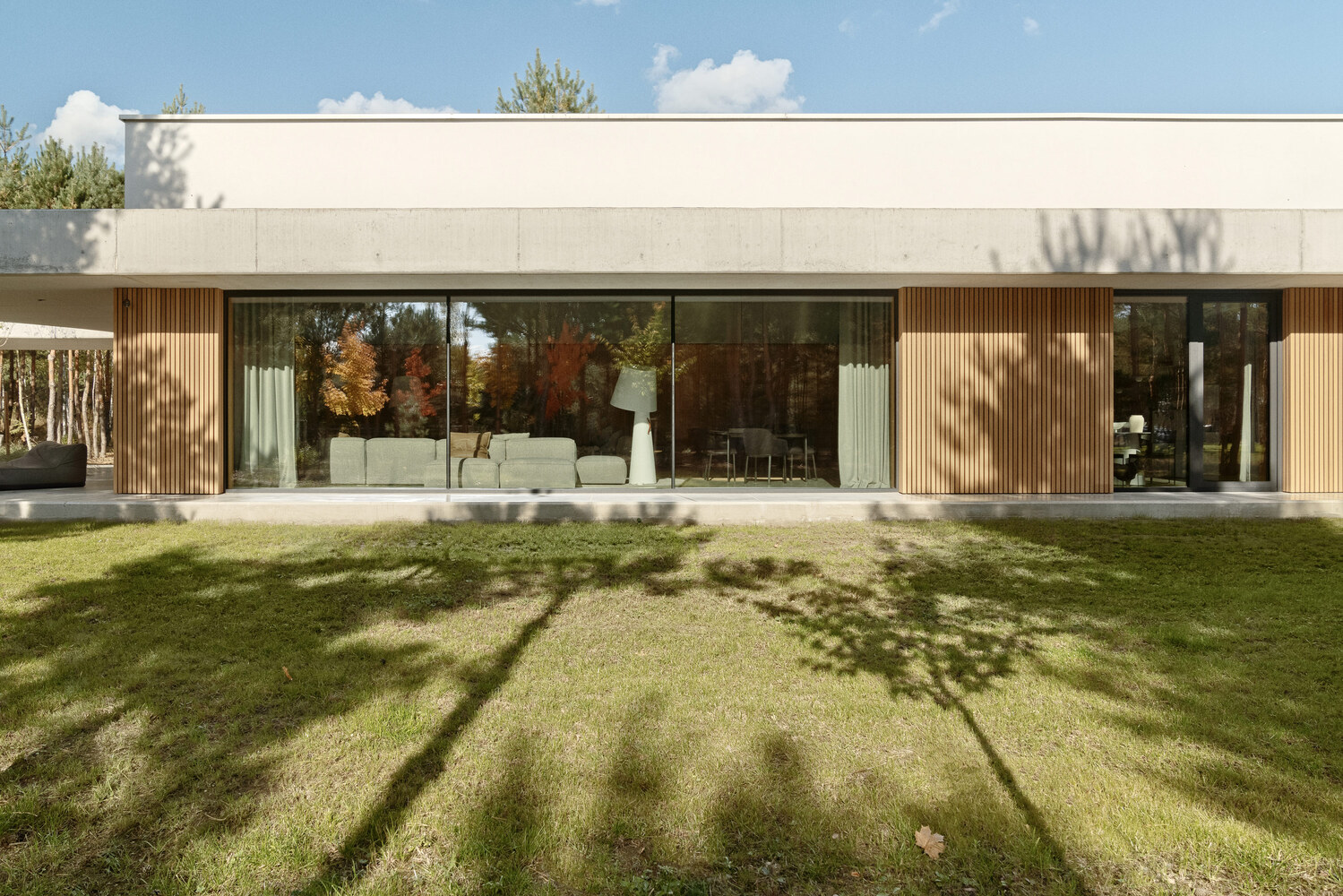 Garden facade with vertical timber cladding and floor-to-ceiling glazing casting tree shadows on the lawn