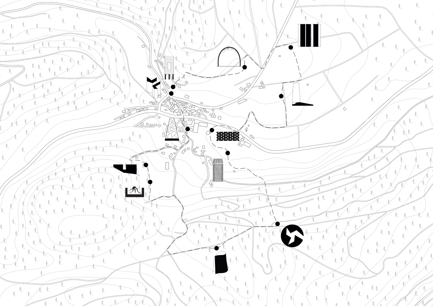 Site plan drawing showing scattered buildings and landscape features connected by pathways and topographic contours