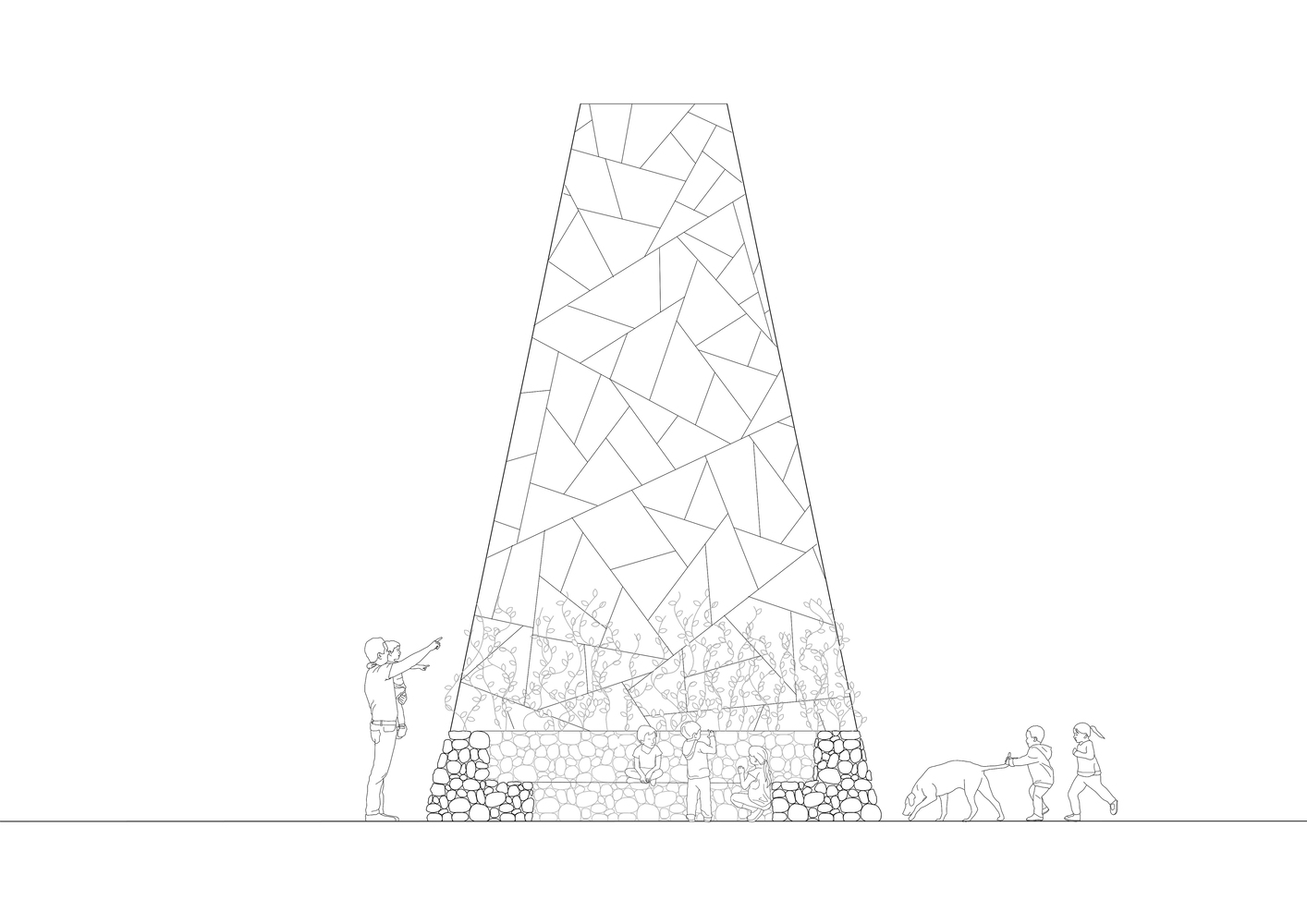 Elevation drawing of a tapering steel tower with stone base and figures with dog at ground level