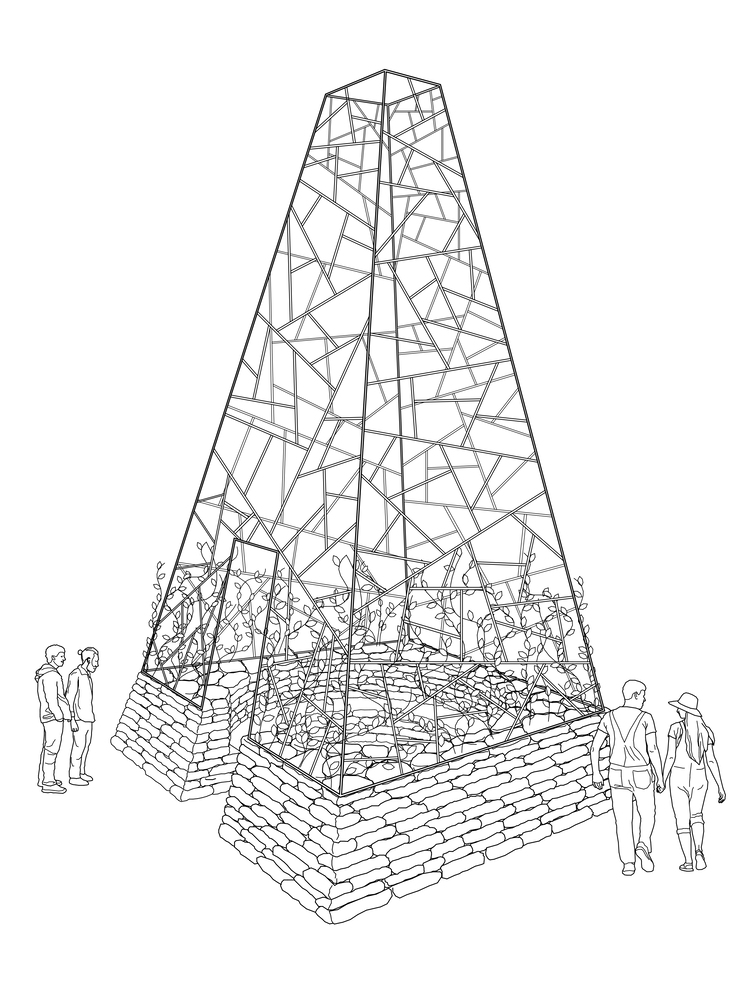 Axonometric drawing of a pyramidal steel frame tower with planted stone base and figures around it