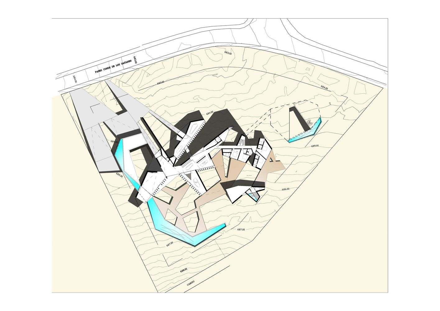 Axonometric site plan drawing showing angular building volumes around a central courtyard with topographic contours