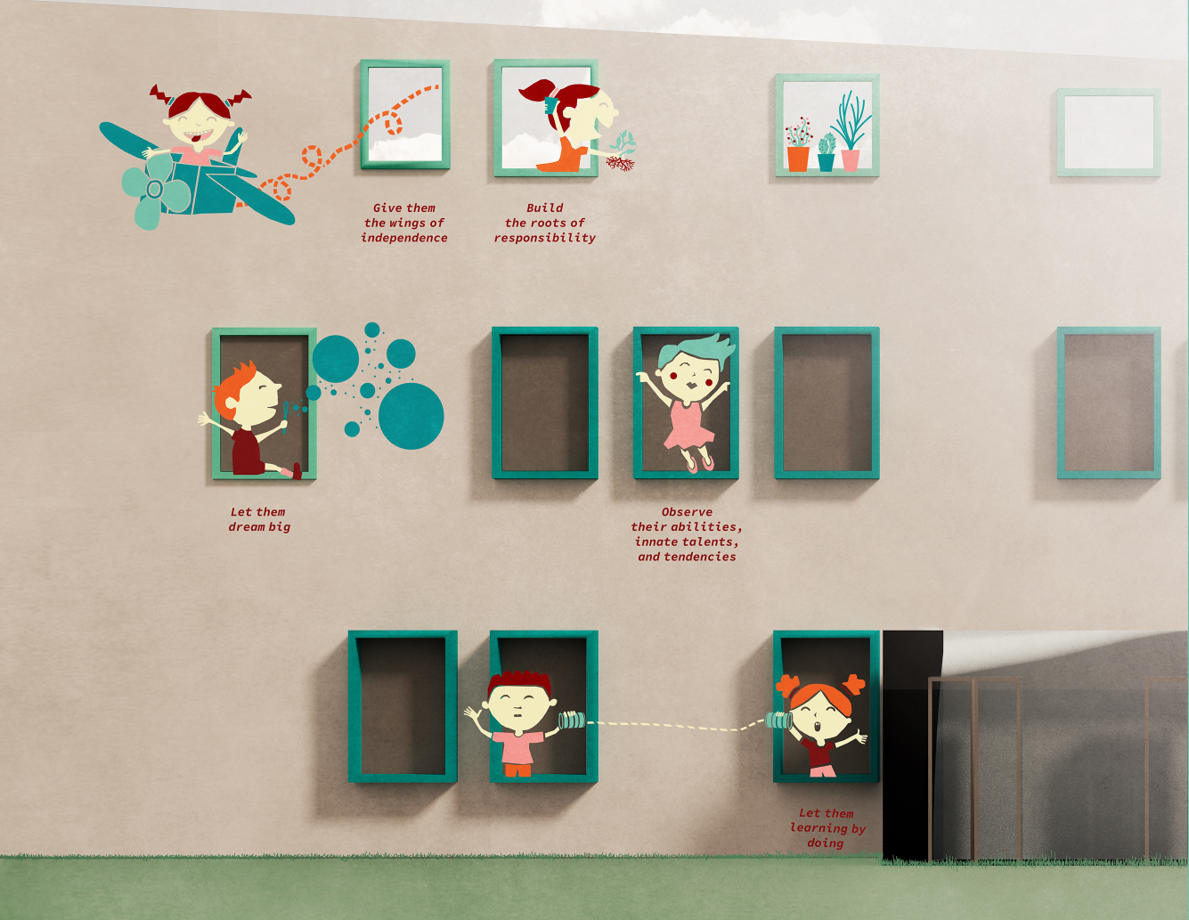 Interior wall installation with teal-framed openings, illustrated children, and text passages on a pale pink surface