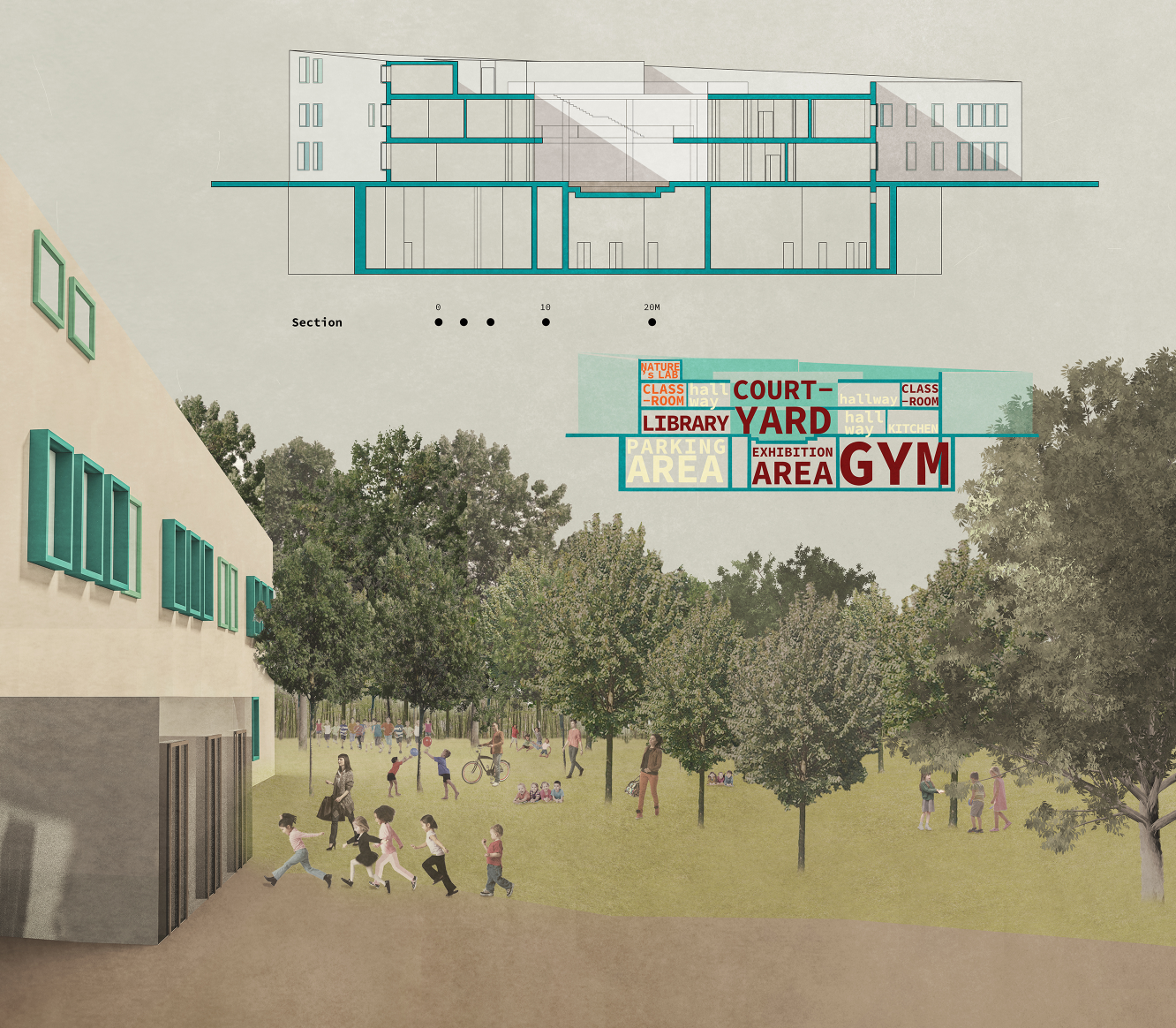 Section drawing and rendered ground view of a school courtyard with children playing among trees