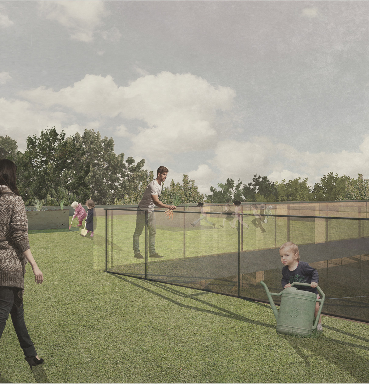 Mesh fence enclosing a grassy play area with children and adults under a cloudy sky